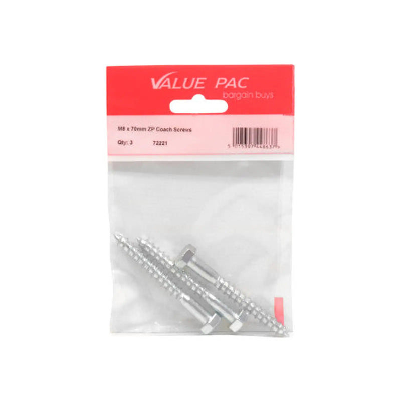M8 x 70mm ZP Coach Screws (Pack of 2) - Pack of 10