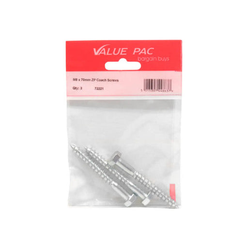 M8 x 70mm ZP Coach Screws (Pack of 2) - Pack of 10