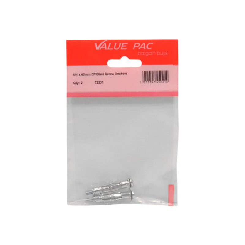 M4 x 40mm ZP Blind Screw Anchors - Pack of 10