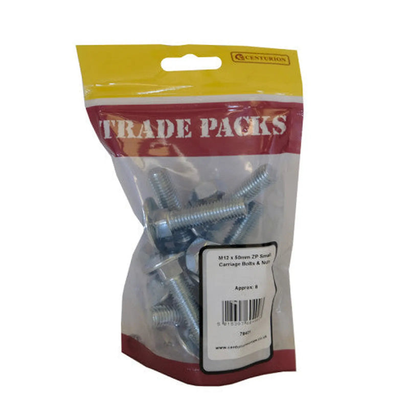 Cup Square Small Carriage Bolts & Nuts - Zinc Plated - M12 x 50mm - - Pack of 5