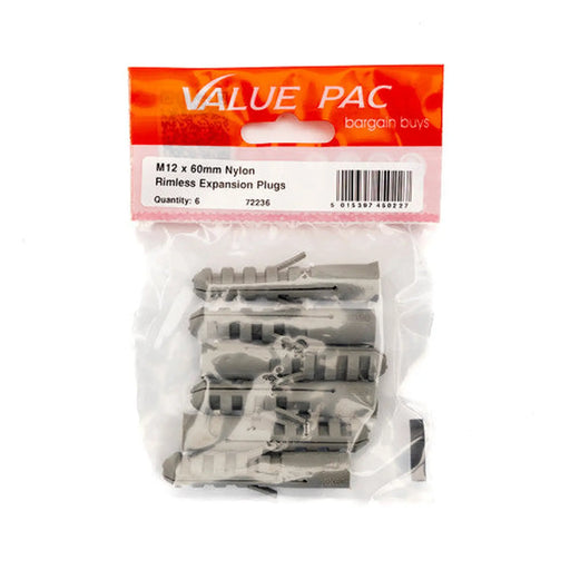 M12 x 60mm Nylon Rimless Expansion Plugs (Pack of 6) - Pack of 10