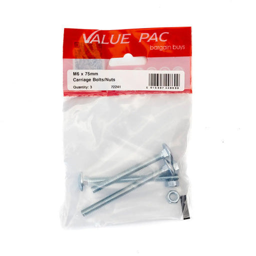 M6 x 75mm ZP Small Carriage Bolts & Nuts (Pack of 3) - Pack of 10