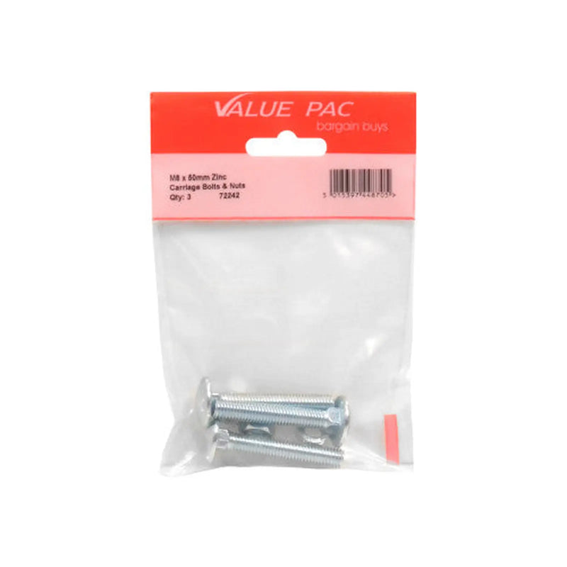 M8 x 50mm ZP Small Carriage Bolts & Nuts (Pack of 3) - Pack of 10