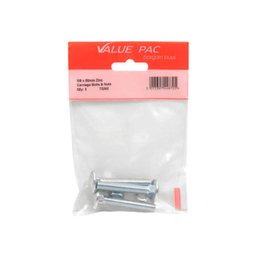 M8 x 50mm ZP Small Carriage Bolts & Nuts (Pack of 3) - Pack of 10