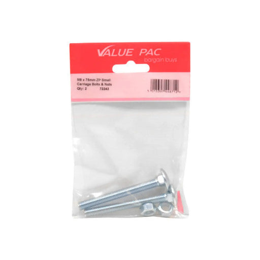 M8 x 75mm ZP Small Carriage Bolts & Nuts (Pack of 2) - Pack of 10