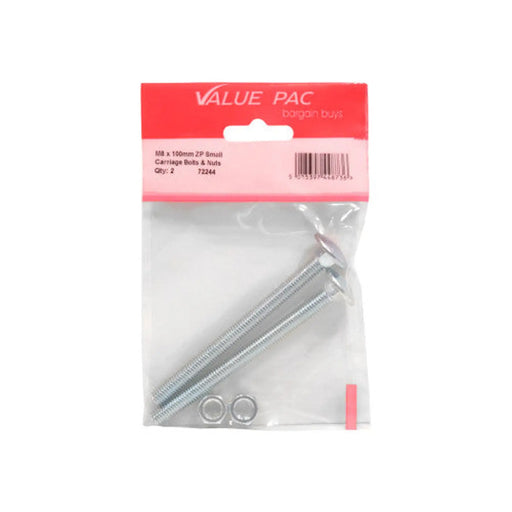 M8 x 100mm ZP Small Carriage Bolts & Nuts - Pack of 10