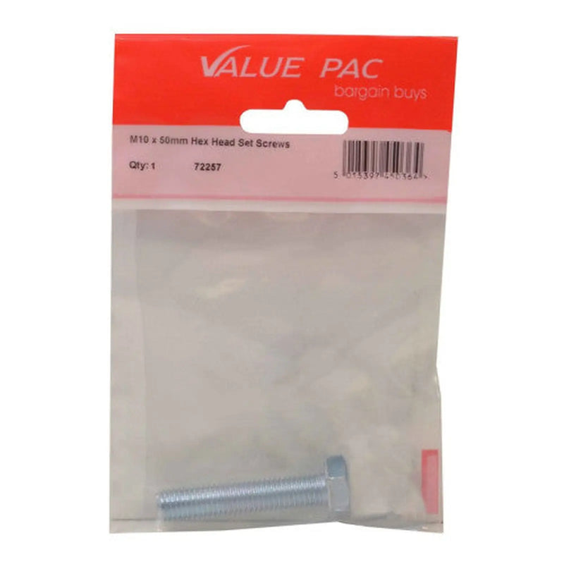 M10 x 50mm Hex Head Set Screw - Pack of 10