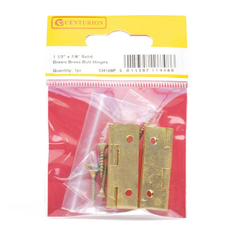 Solid Drawn Brass Butt Hinges, Self Colour, 38mm x 22mm - Pack of 5
