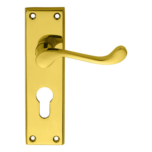 Victorian Scroll Lever On Backplate - Lock Euro Profile 47.5Mm C/C - Polished Brass 150MM X 43MM