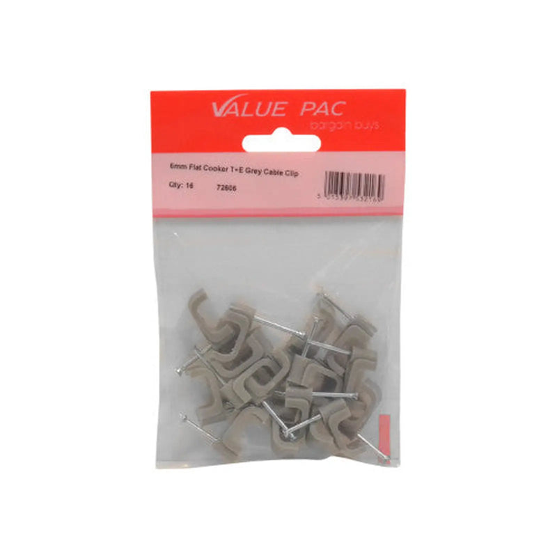 6mm Flat Cooker T+E Grey Cable Clip 16pk - Pack of 10