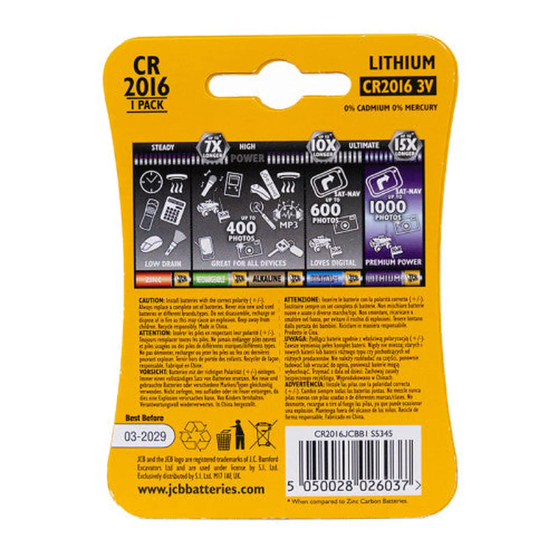 JCB Coin Cell Battery CR2016, Single - Pack of 10