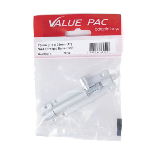 75mm (3") x 25mm (1") SAA Straight Barrel Bolt - Pack of 10