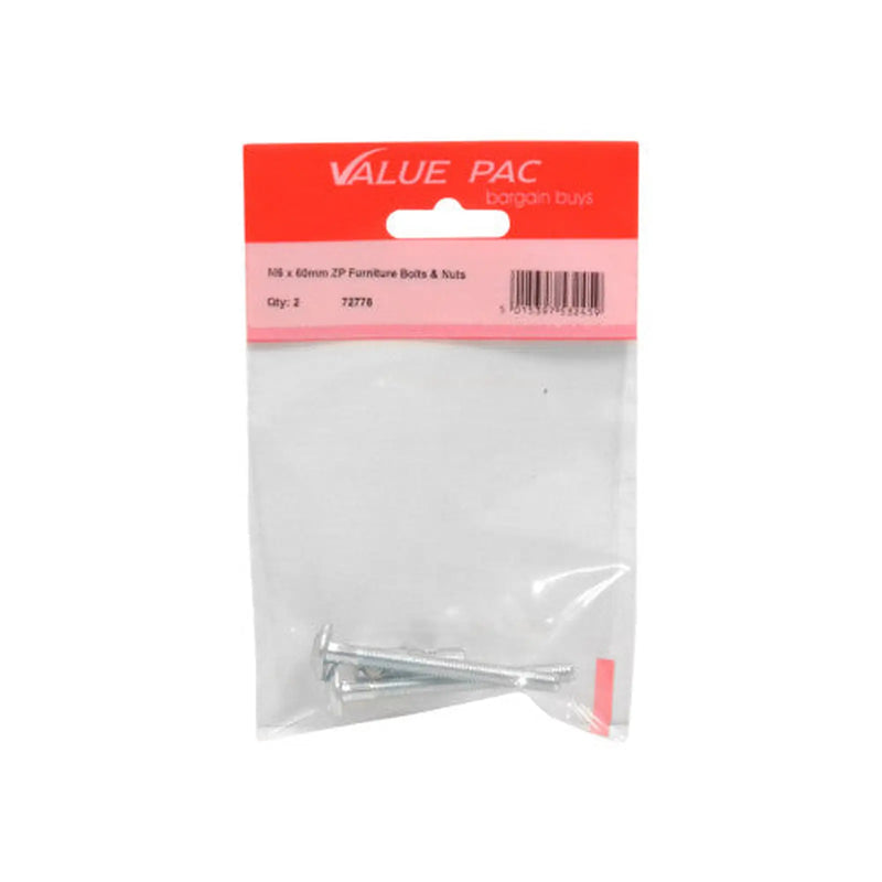 M6 x 60mm ZP Furniture Bolts & Nuts 2pk - Pack of 10