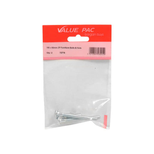 M6 x 60mm ZP Furniture Bolts & Nuts 2pk - Pack of 10