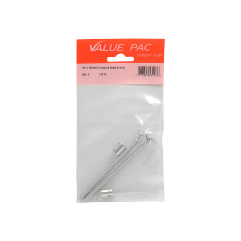 M6 x 100mm Furniture Bolts & Nuts 2pk - Pack of 10