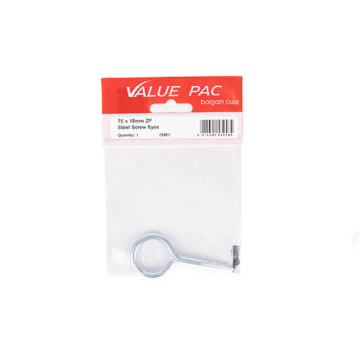 75 x 7.3mm ZP Steel Screw Eyes - Pack of 10