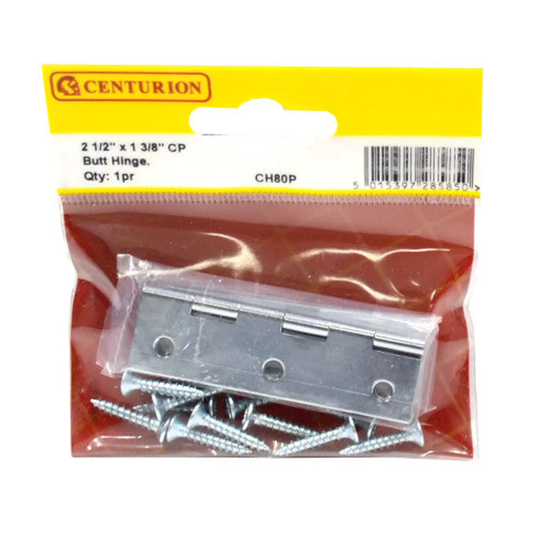 Solid Drawn Brass Butt Hinges, Chrome Plated, 64mm x 35mm - Pack of 5