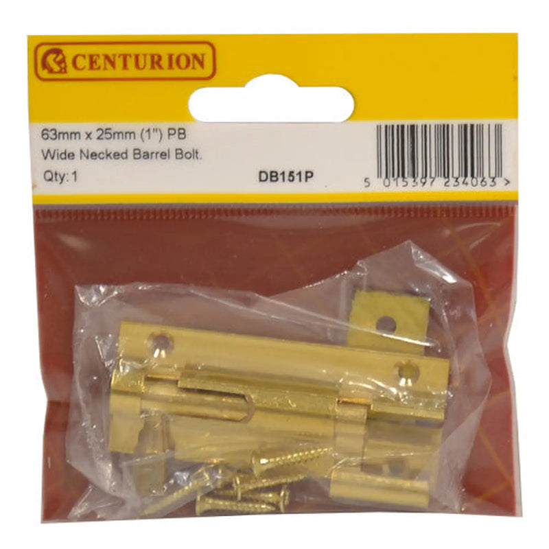 Necked Barrel Bolts, Polished Brass, 25mm x 63mm - Pack of 5