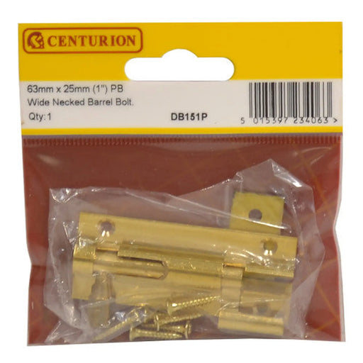 Necked Barrel Bolts, Polished Brass, 25mm x 63mm - Pack of 5