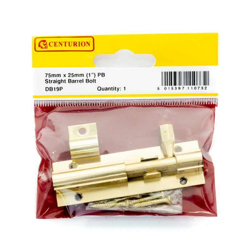 Straight Barrel Bolts, Polished Brass, 25mm x 75mm - Pack of 5