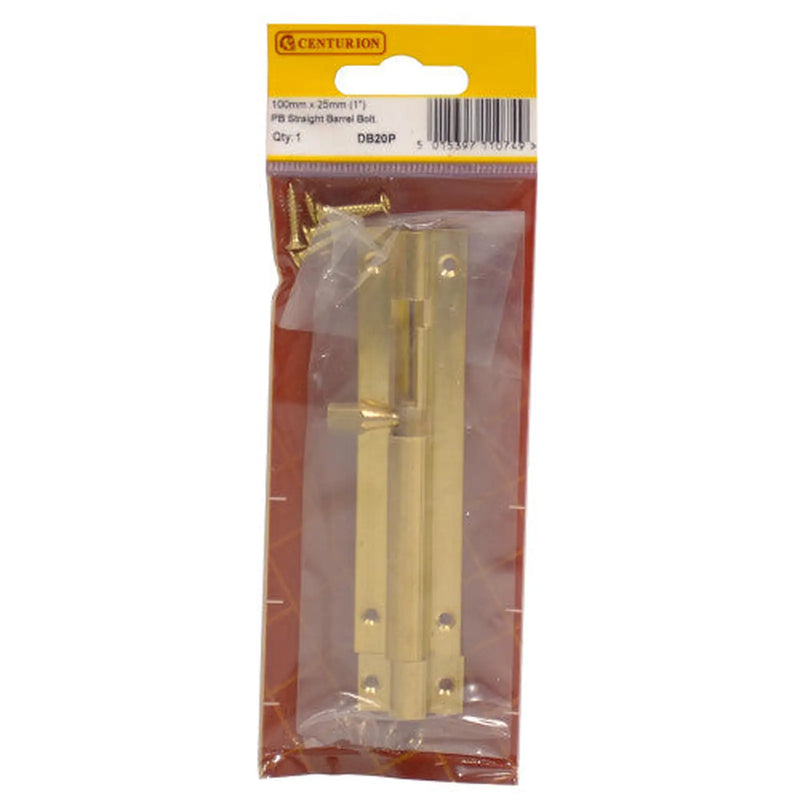 Straight Barrel Bolts, Polished Brass, 25mm x 100mm - Pack of 5