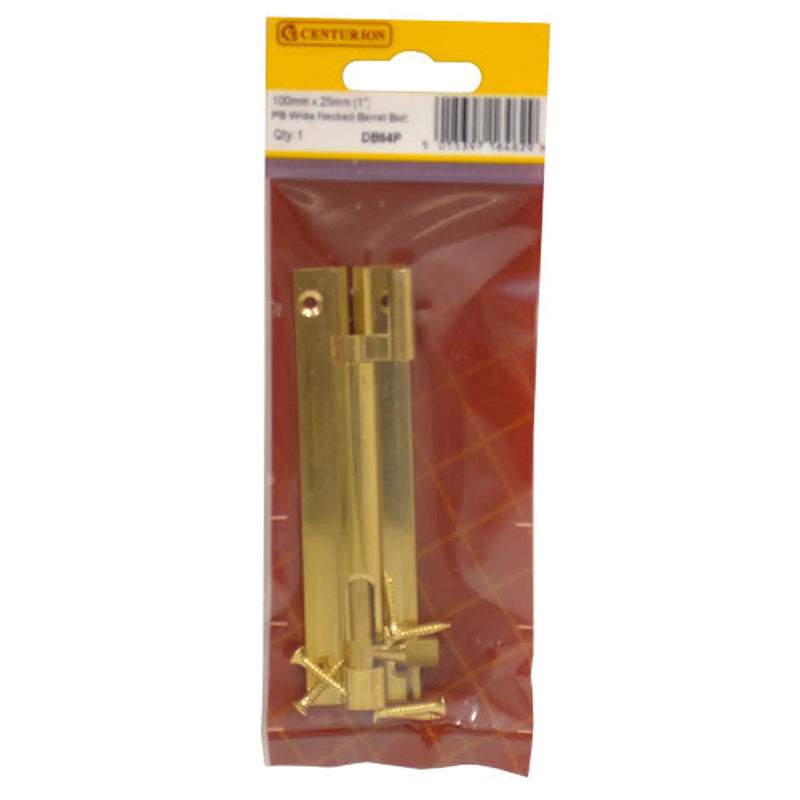 Necked Barrel Bolts, Polished Brass, 25mm x 100mm - Pack of 5