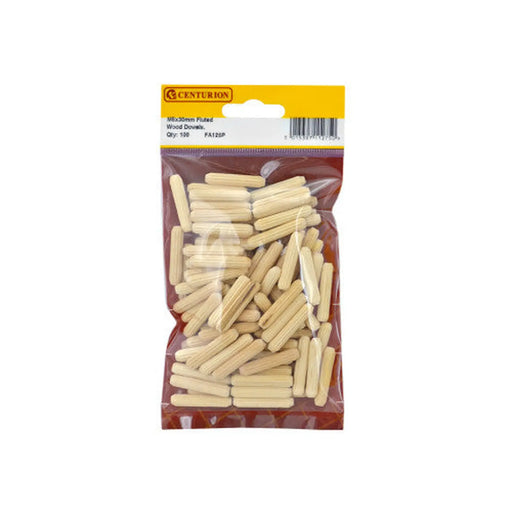 M8 x 30mm Fluted Wooden Dowels  (Pack of 100) - Pack of 5