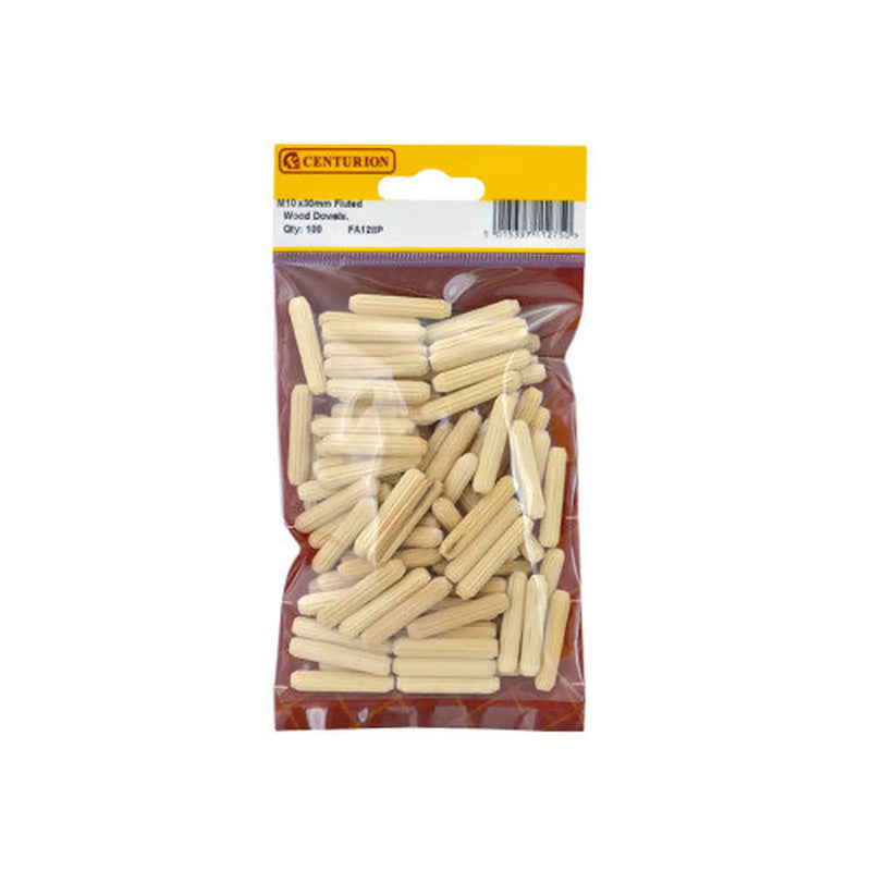 M10 x 40mm Fluted Wooden Dowels  (Pack of 100) - Pack of 5