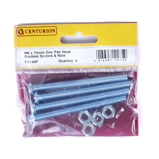 M6 x 75mm Machine Screws & Nuts - Zinc Plated - (Pack of 4) - Pack of 5