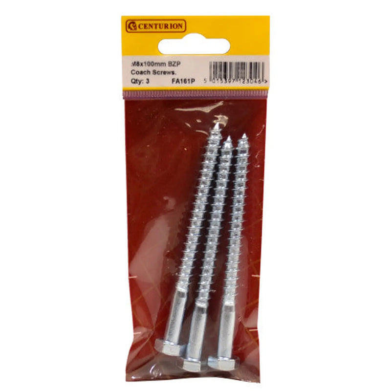 M8 x 100mm ZP Coach Screws  (Pack of 3) - Pack of 5