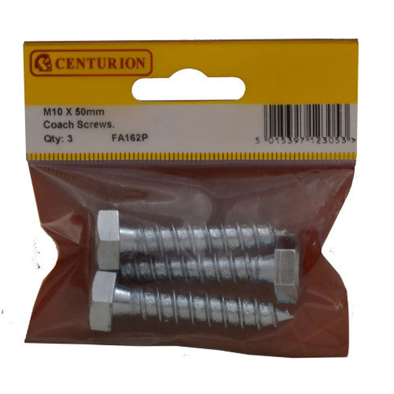 M10 x 50mm ZP Coach Screws  (Pack of 3) - Pack of 5