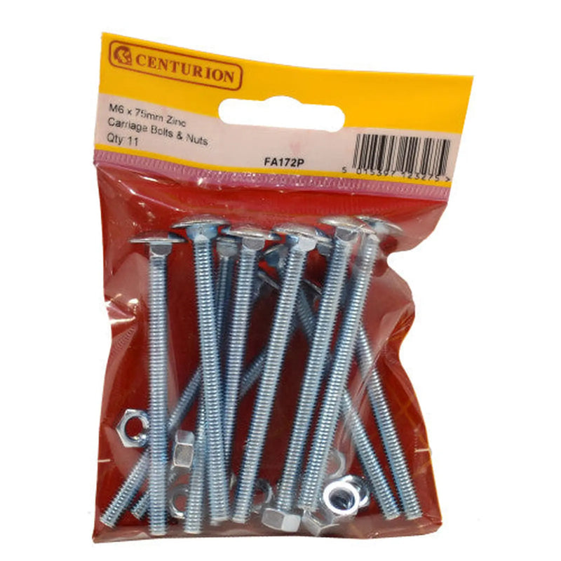 M6 x 75mm ZP Small Carriage Bolts & Nuts (Pack of 11) - Pack of 5