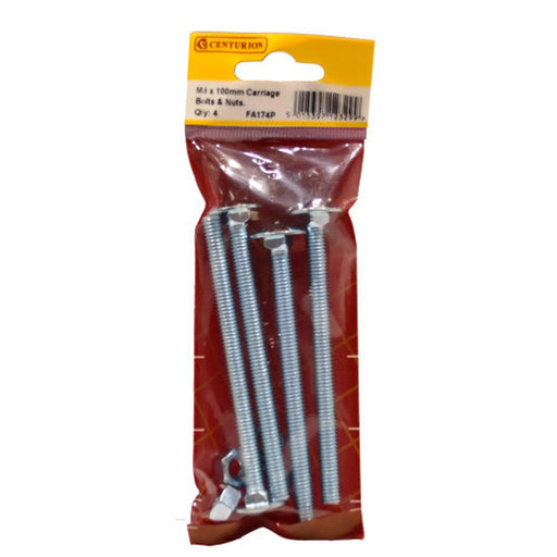 M8 x 100mm ZP Small Carriage Bolts & Nuts (Pack of 4) - Pack of 5