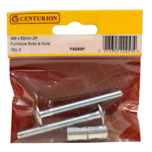 M6 x 60mm ZP Furniture Bolts & Nuts  (Pack of 2) - Pack of 5