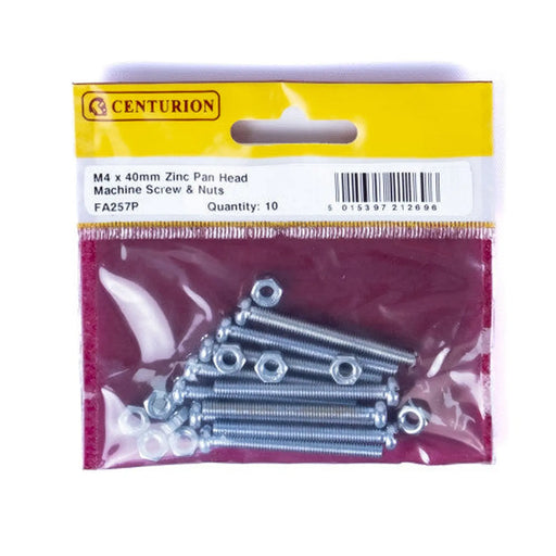 M4 x 40mm Machine Screws & Nuts - Zinc Plated - (Pack of 10) - Pack of 5