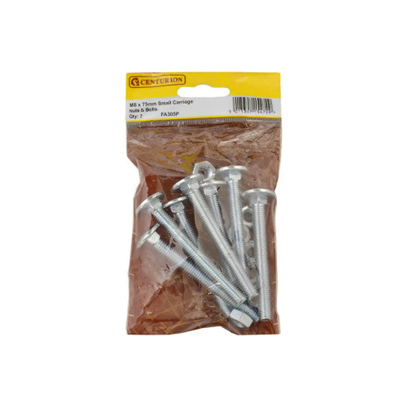 M8 x 75mm ZP Small Carriage Bolts & Nuts  (Pack of 7) - Pack of 5