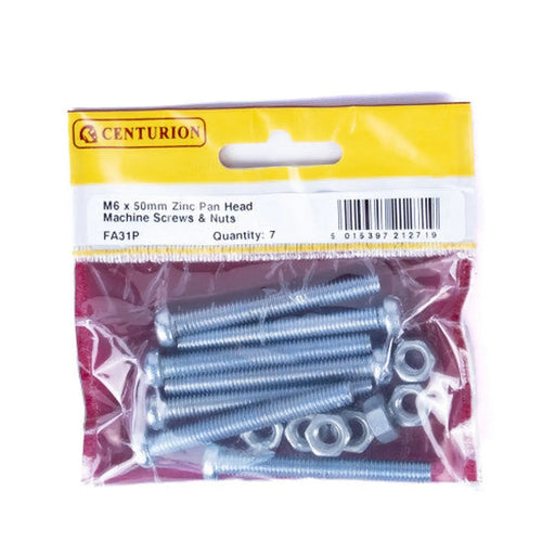 M6 x 50mm Machine Screws & Nuts - Zinc Plated - (Pack of 7) - Pack of 5