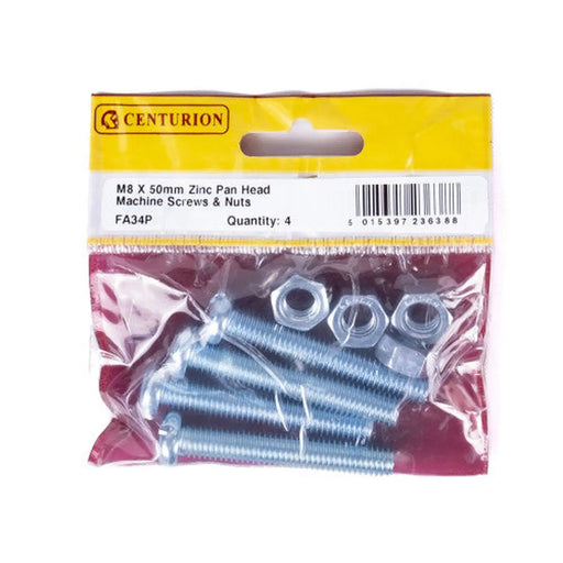 M8 x 50mm Machine Screws & Nuts - Zinc Plated - (Pack of 4) - Pack of 5