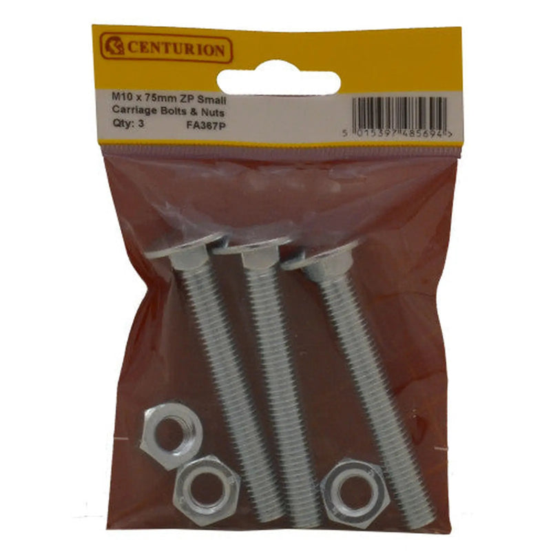 M10 X 75mm ZP Small Carriage Bolts & Nuts (Pack of 3) - Pack of 5