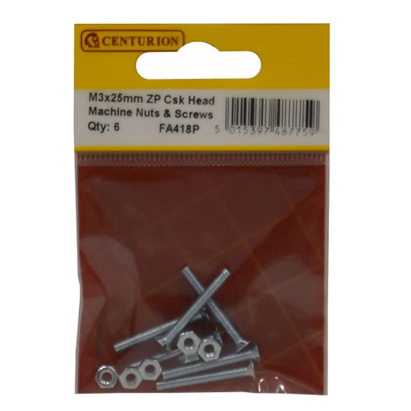 M3 x 25mm Machine Screws & Nuts - Countersunk Head - Zinc Plated - - Pack of 5