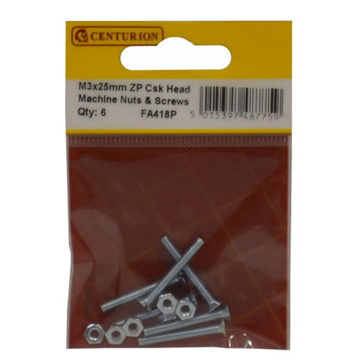 M3 x 25mm Machine Screws & Nuts - Countersunk Head - Zinc Plated - - Pack of 5
