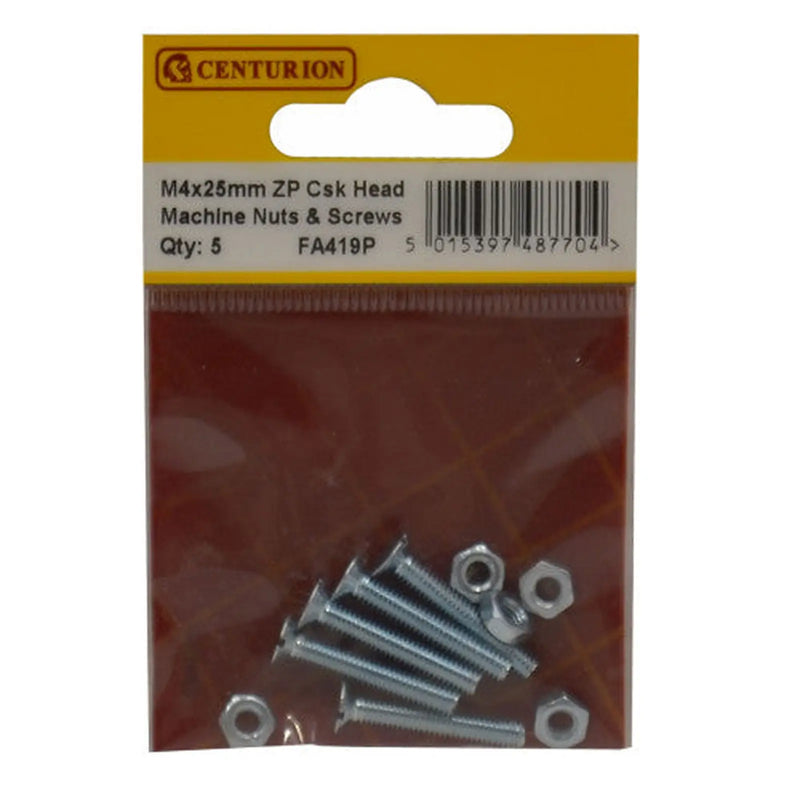 M4 x 25mm Machine Screws & Nuts - Countersunk Head - Zinc Plated - - Pack of 5