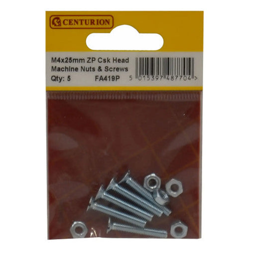 M4 x 25mm Machine Screws & Nuts - Countersunk Head - Zinc Plated - - Pack of 5