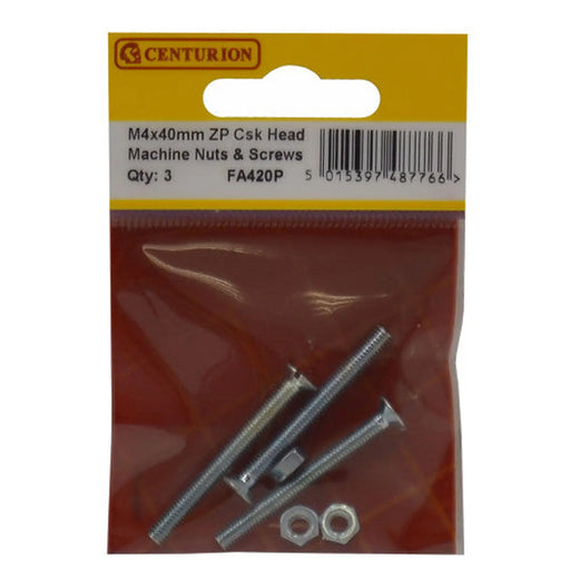 M4 x 40mm Machine Screws & Nuts - Countersunk Head - Zinc Plated - - Pack of 5