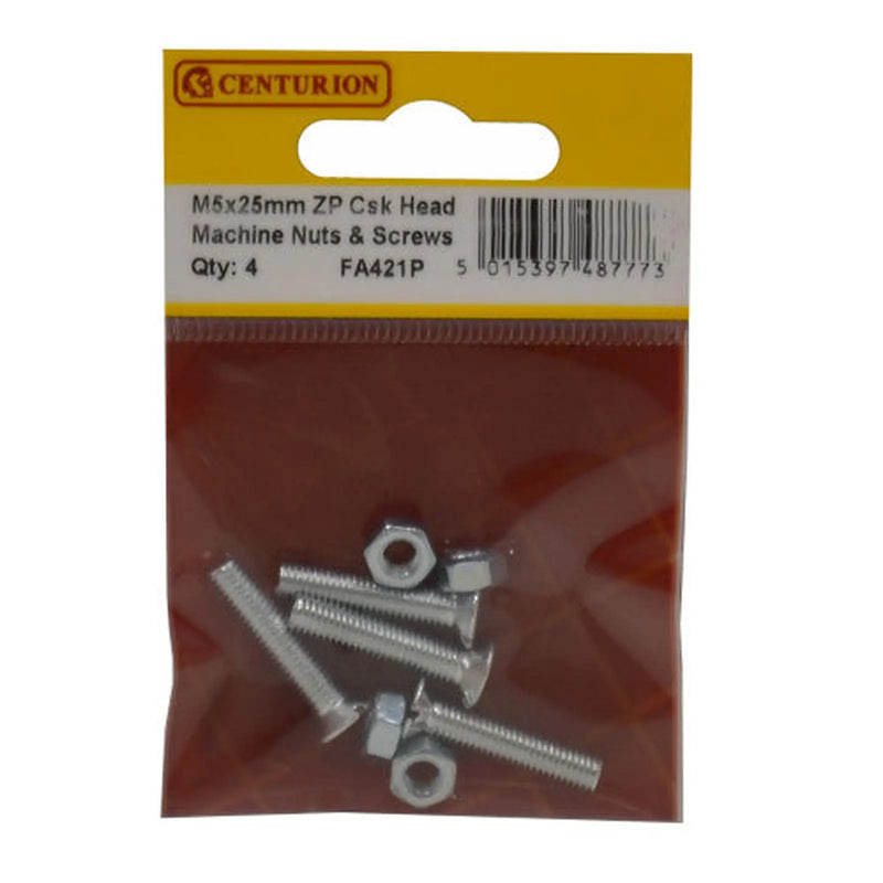 M5 x 25mm Machine Screws & Nuts - Countersunk Head - Zinc Plated - - Pack of 5