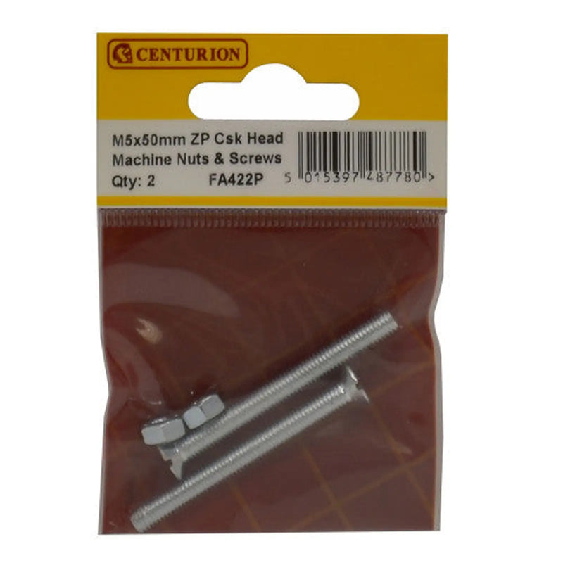 M5 x 50mm Machine Screws & Nuts - Countersunk Head - Zinc Plated - - Pack of 5