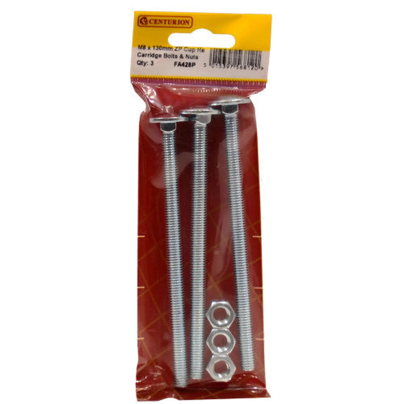 M8 x 130mm ZP Cup Sq Hex Carriage Bolts & Nuts (Pack of 3) - Pack of 5
