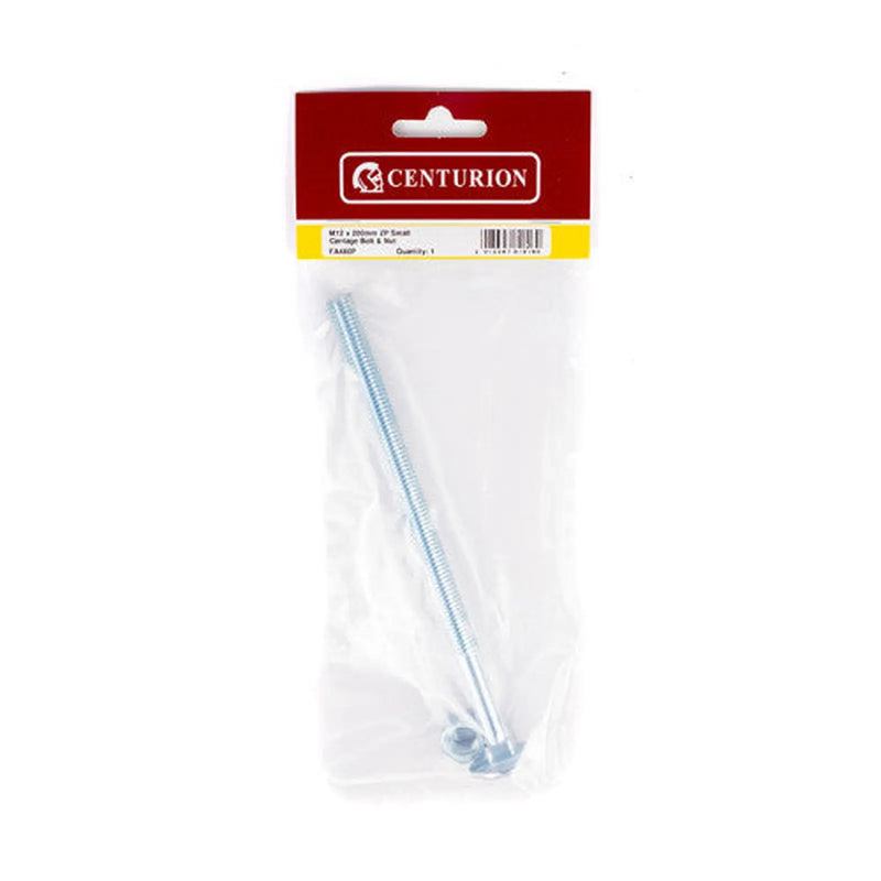 M12 x 200mm ZP Small Carriage Bolts & Nuts (Packs of 1) - Pack of 5