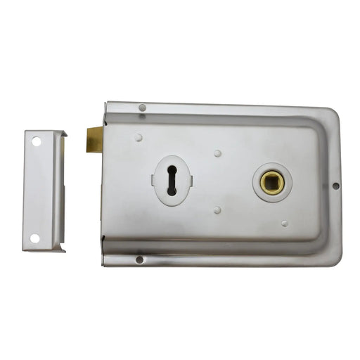6 X 4" Rim Lock - Dual Handed C/W 2 Keys - Satin Chrome