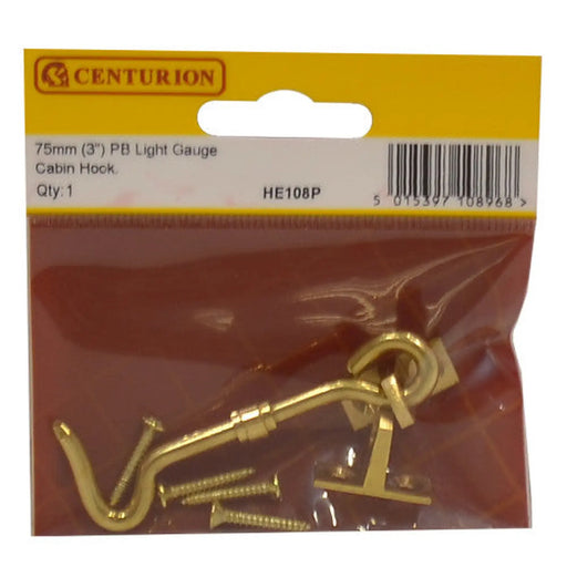 Solid Brass Cabin Hooks, Polished Brass, 75mm - Pack of 5